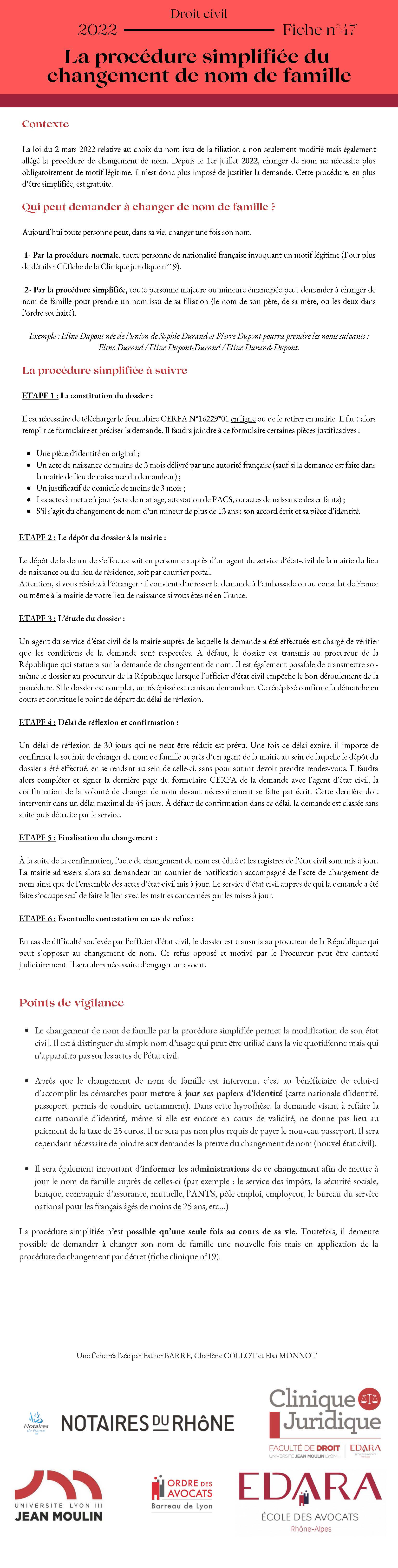 Procédure simplifiée nom de famille_fiche 47